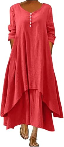 DSAoTeng Vestido largo de lino para mujer, holgado, liso, con cuello en V, acampanado, estilo bohemio, casual, elegante, étnico, talla grande, manga 3/4, para vacaciones, playa, fiesta, rosso, 3XL