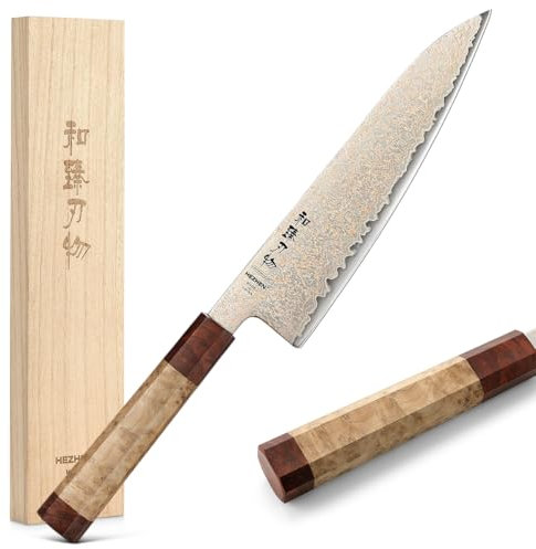 HEZHEN Cuchillo de Chef Damasco, Cuchillo de Cocina de Cobre y Acero 33 Capas, Caja de Madera Mango Octogonal de Madera