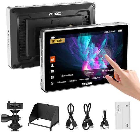 VILTROX DC-L2 7 tum kamerafält monitor pekskärm med HD 1280 x 800 IPS 4K HDMI och 3G-SDI Loop in/ut, 3D-lysdioder toppfokus hjälper vågform, 170° supervidvinkel, batteri & solskyddshuva