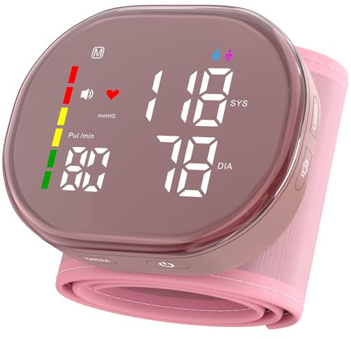 Guaever Wrist Blood Pressure Monitor Rechargeable BP Machine with 5.3~7.7 Cuff, 2×120 Memory, One-Button Switch Memory and User, Professional Automatic Wrist BP Cuff BP Monitor for Family (Pink)