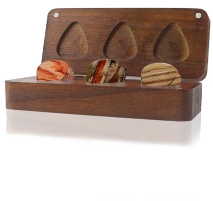 62 Pack Guitar Picks with Wooden Organizer Storage Box, 3 Different Thickness Colorful Guitar Picks Plectrums for Acoustic Guitar, Electric Guitar, Bass, Ukulele (Wood color elements)