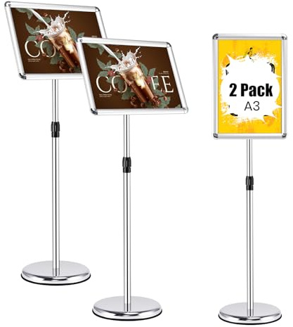 COSTWAY Porte Affiche sur Pied A3 Lot de 2, Présentoir sur Pied 360 Degrés, Hauteur Réglable 89.5-134 cm, Cadre en Alliage d'Alu, Tube en Acier INOX, Support Affichage A3 (Argent x 2,A3)