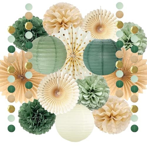 Decorazioni per feste verde salvia beige fiori di carta verde oliva lanterne di carta marrone chiaro crema fan cerchio ghirlanda a pois per netural baby shower addio al nubilato matrimonio boho festa