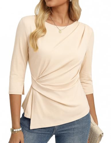 GRACE KARIN Women's 3/4 Sleeve Tops Asymmetrical Shirts Business Blouses | 2026 Trendy Casual, Sleeve with Split, Wrap, Ruched, U Boat Collar, Slim Fit, Business Office Wear, Smart Casual
