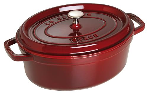 STAUB Gusseisen Bräter/Cocotte, Oval 29 cm, 4,25 L, Aromaregen Funktion für optimale Befeuchtung, Für alle Herdarten inkl. Induktion & Backofen, Grenadine