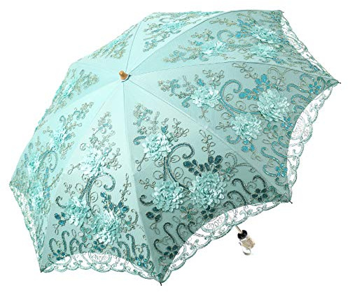 LCY Embroidered Lace Double-deck Anti-UV Parasol Sun/Rain/Snow Folding Umbrella-Green