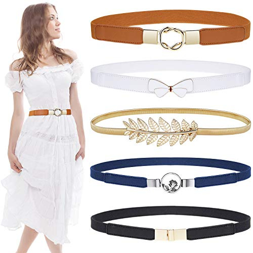 EAONE Skinny Waist Belts for Women 5 Pack, Fashion Stretchy Retro Elastic Leather Belts for Dresses
