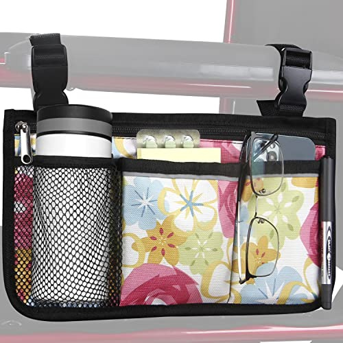 HSGEZUOQI Wheelchair Side Bag, Upgrade Flower Color Armrest Storage Pouch with Cup Holder and Reflective Strip Use of Waterproof Fabric, for Most Wheelchairs, Walkers or Rollators (Flower Color)