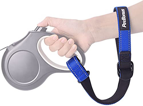 PetBonus Kurze Hundeleine, Sicherheitsarmband für Rollleine Hundeleine, Reflektierende Nähte und Verstellbarer, weich gepolsterter Handgriff, Extraschicht Sicherheit für Kinderwagen (Blau)