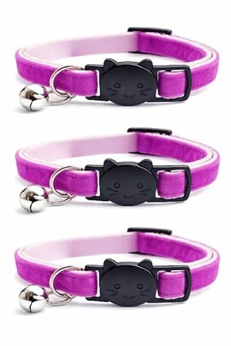 Velvet Cat Collars with Bell. Safe Breakaway Quick Release Buckle. Available in Cat & Kitten Size (Pack of 3) (Kitten Collar (15cm - 23cm), Purple Velvet (Pack of 3))