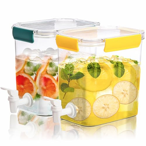 Elsjoy 2 Pack 0.9 Gallon (3.5 L) Plastic Drink Dispenser with Spigot, Fridge Beverage Dispenser Cold Drink Container for Iced Tea, Lemonade, Party, 𝟖 𝐱 𝟓.𝟓 𝐱 𝟕.𝟖