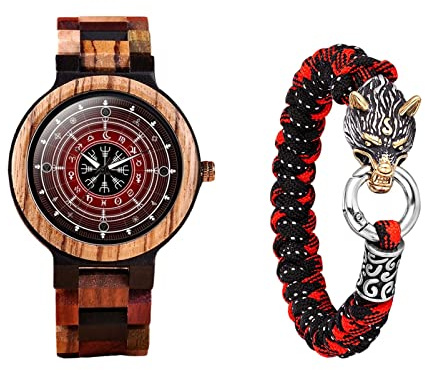 AHTCPO Vegvisir Montre Viking en Bois, Montres en Bois Viking, Symboles et Gravures Faits a la Main et Cercle Runique, Montre-Bracelet Légère a Quartz pour la Mode