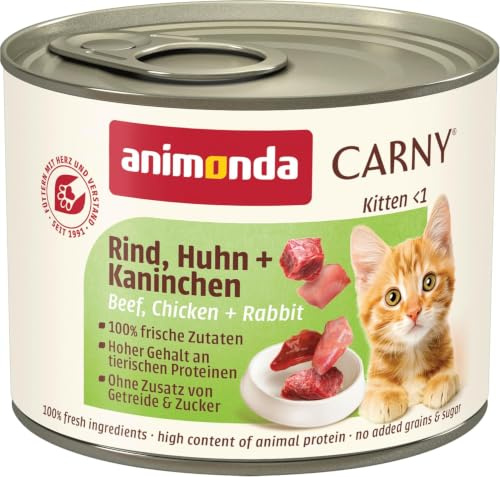 Carny Nourriture Humide pour Chatons au bœuf + Poulet + Lapin (12 x 200 g) - Nourriture Humide sans céréales ni Sucre - Animonda pour Chatons en Croissance jusqu'à 1 an - avec ingrédients Frais