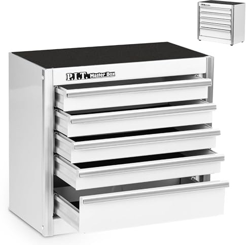 P.I.T. Mini White Tool Box, Portable 5-Drawer Micro Roll Cab Steel Stackable Tool Box with Liner, White Small Tool Case for Tools Storage and Organizers, Home DIY