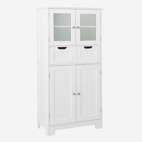 LIFEZEAL Armario Suelo de Baño, Mueble de Baño con Estantes Ajustable, Mueble de Almacenaje con Cajones y Doble Puerta, Mueble Lateral Multifuncional para Cocina (Blanco)