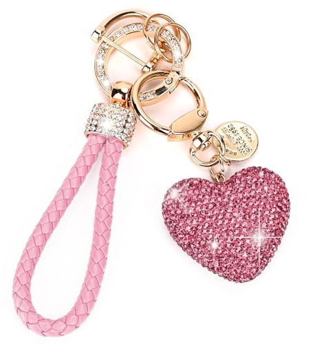 Car Keychain for Women with Rhinestone Heart Shape Bling Girl Cute Keychain for Christmas,Personalized Gift (A-Pink)