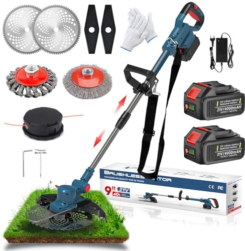 Akku Rasentrimmer, 21V Rasentrimmer mit Akku und Unkrautbürste, Bürstenloser Freischneider mit 2 Akku 4.0Ah, Elektro Motorsense 90°Schwenkbarem Kopf, für Garden Trimmen (Blue)