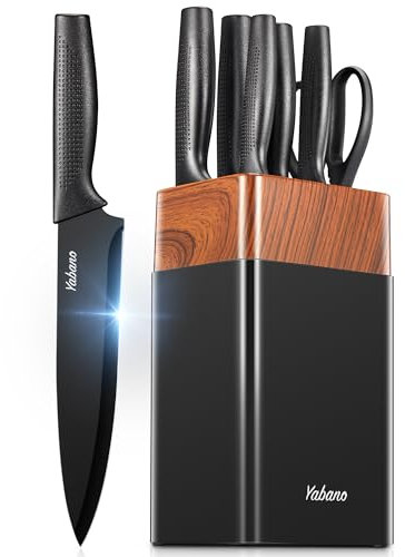 Yabano - Set di 7 coltelli da cucina con ceppo universale in polietilene, set di coltelli con affilacoltelli integrato, coltelli da cucina neri per tritare, affettare e tagliare