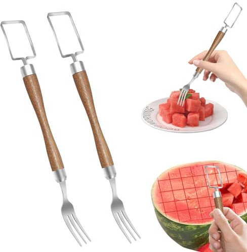 Stainless Cutter 2 en 1 coupe fruits en acier inoxydable, multifonctionnel outil de coupe pastèque, manche en bois coupe moulin à pastèque, convient pour de cuisine couteau à pastèque