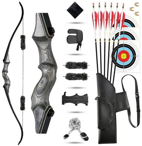 ZSHJGJR Set Arco e frecce Set Arco Ricurvo 60 pollici 30-60 libbre Arco Takedown per Adulti Tiro con l'arco Arco Ricurvo professionale da caccia per Tiro con l'Arco con Frecce (Arco Legno, 30 lbs)