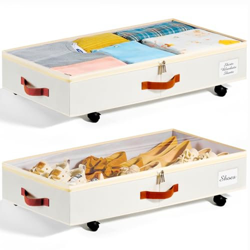 Under Bed Storage with Wheels Set of 2, Underbed Storage Container with Clear Lid Cover, 6.7 Inches Height Rolling Under Bed Drawer Storage Basket Bin Shoe Organizer for Cloth Sheet Sweater