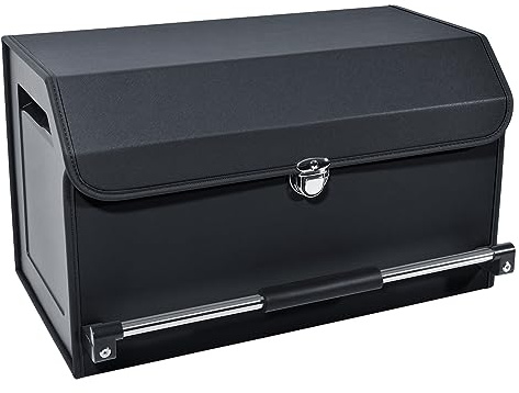 XCF Organizer Bagagliaio Auto, Maniglia Push-pull, Cuoio Pieghevole 2 Scomparti Organizer Auto Bagagliaio, Adatto per Tutti i Tipi SUV, Minivan (Nero)