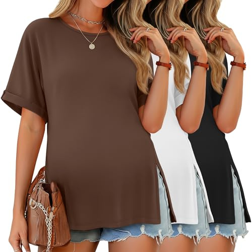 Ficerd 3 Pack Women's Maternity Shirts Half Sleeve Loose Pregnancy Tops Crew Neck Side Split Pregnant Clothes(Black, White, Brown,XX-Large)