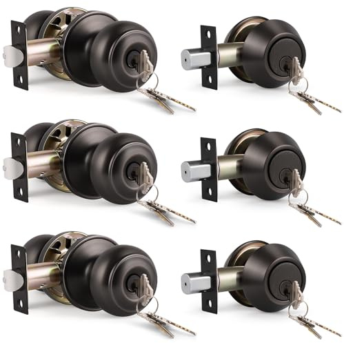 KNOBWELL 3 Pack Keyed Alike Door Knob and Double Cylinder Deadbolt Set, Exterior Door Lock Set, Double Keyed Door Knob, Oil Rubbed Bronze Front Door Lock