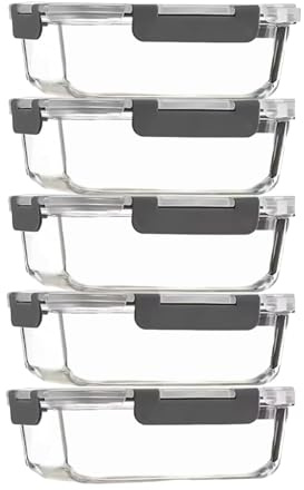 Glass Food Storage Container with Lid 5pcs, 1040ml Reusable Airtight Glass Lunch Meal Container Stackable Tableware Organization and Storage, Safe for Microwave Ovens Refrigerators Dishwashers (Gray)