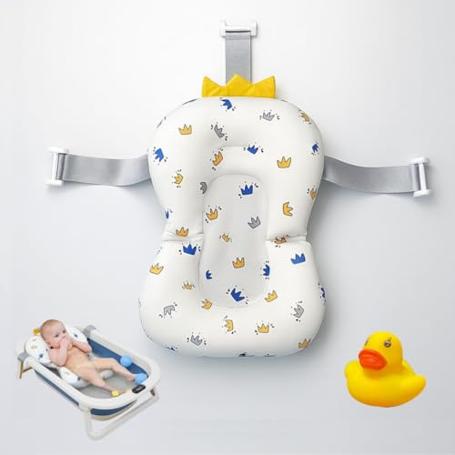 BATHBY | Cojín para Bañera de Bebé – Soporte Recién Nacido, Asiento Ergonómico, Ajustable y Portátil con Malla Antideslizante, Almohada Reductora, Hamaca de Ducha + Patito de Goma (Coronas)