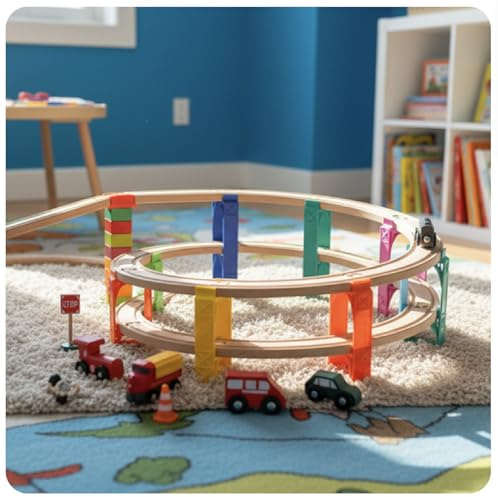 Abverkauf: Farbenfrohe Spirale für die Holzeisenbahn – kompatibel mit Allen gängigen Holzeisenbahnen wie Brio®, Hape®, Eichhorn®, Playtive®, Lillabo®, UVM.! Duplo Verbinder!