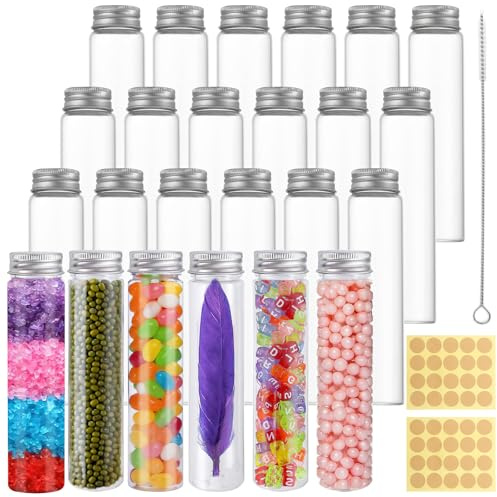 VEGCOO 24 Pcs Tubes à Essai Plastique, Bouteille Sensorielle, 110 ML Tube Plastique Transparent avec Bouchon à Vis, Étiquette et Brosse de Nettoyage, pour Bonbons, Fleurs, Épices (110ML/24Pcs)
