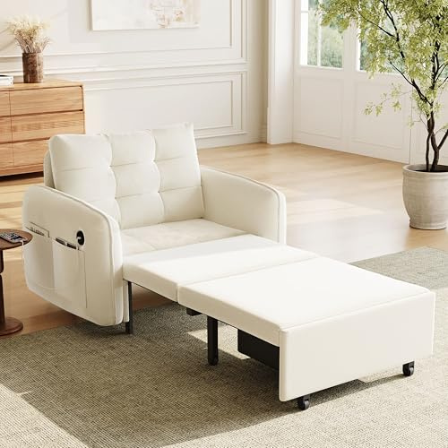 Extra Long Pull Out Sofa Bed, 3-in-1 Sleeper Chair Bed with USB Charging, Storage Pockets and Box, 42.5''Tufted Upholstered Reclining Lounger, Chenille Single Sofa for Living Room Apartment (Beige)