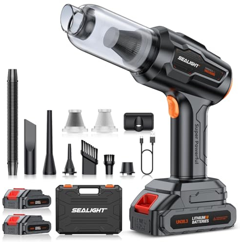 SEALIGHT Aspirabriciole Senza Fili, 35000Pa 9-in-1 Aspirapolvere Auto Cordless con 2 Batterie Ricaricabili, Motore Brushless, Mini Aspirapolvere per Casa, Ufficio, Auto, Capelli, Argento