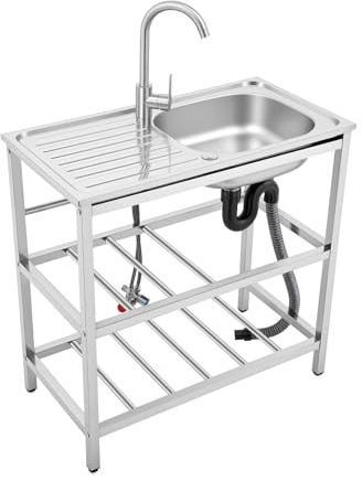 Diskbänk rostfritt stål 2 handfat, fristående med bänkskiva 2 hyllor utomhus handfat trädgård diskbänk med kran gastro-diskbänk camping balkong, 75 x 40 x 78 cm