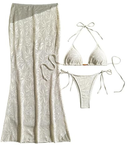 Summer Fashion, set bikini da donna a tre pezzi in pizzo floreale con spalline a triangolo, abbinato a gonna copricostume in maglia traforata, vestito sexy per vacanze in spiaggia, S