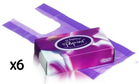6 X Pop-ins Fragrant Sanitary Disposal Bags (50 bags) BATHROOM OFFICE HYGENE