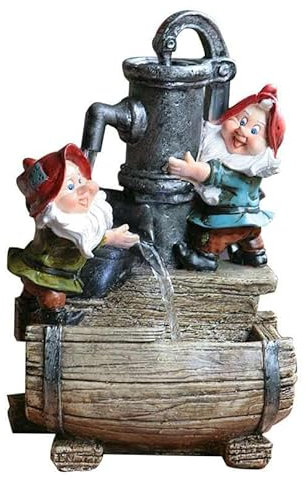 Primrose 28cm Garden Gnome Helpers Pump & Barrel Indoor Outdoor Water Feature with LED Light