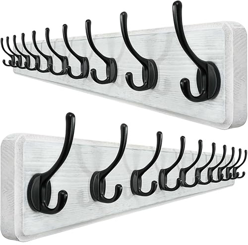 WEBI Coat Rack Wall Mounted,10 Hooks,98cm Long Coat Hooks Wall Mounted Rustic,Wood Coat Hanger Wall,Hook Rack Hooks for Hanging Coats,Jacket,Clothes,Hats,Black on White,2 Packs