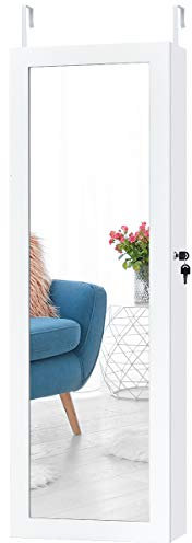 COSTWAY Armoire à Bijoux Mural avec LED Intégré avec 2 Tiroirs, 1 Tringle pour Bracelets Montage sur Porte/Mur avec Serrure Blanc 37 x 9,6 x 120 CM