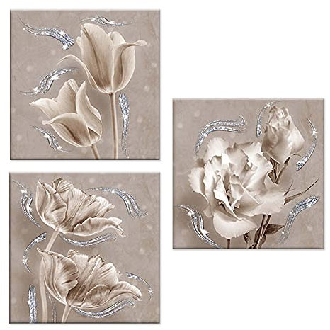 Lupia Set 3 Pezzi Quadri su Tela Tema Floreale Canvas Day Brillant con Glitter 38x38 cm Flower Shabby