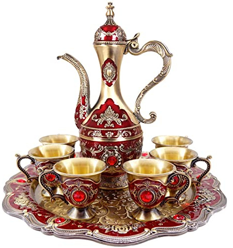 Vintage Turkish Coffee Pot and Cup Set,Tea Pot Set Including Teapot,6 Metal Cups and Tea Tray for Tea Table Decor,Hip Flask,Wedding Ornaments (Red and Gold)