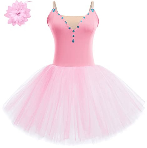 OBEEII Femme Robe de Ballet Camisole Tutu Body Justaucorps Adultes Ballet Gymnastique Tulle Robe Rose X-Large