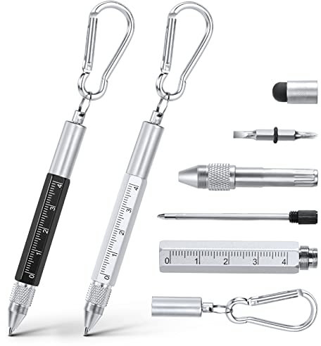 Vicloon Multifunktionsstift, 2 Stücke 6 in 1 Werkzeugstift Werkzeugstift, Geschenke für Männer, Vatertagsgeschenk, Männer Geschenke für Papa/Opa, Praktische und Kreative Geschenke(B,Schwarz/Silber)
