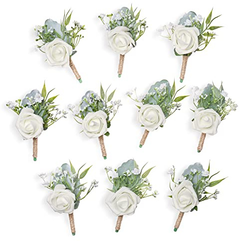 YSUCAU Rose Boutonnieres for Men Wedding Groom and Groomsmen White Boutonniere for Rustic Fall Vintage Wedding Prom Set of 10