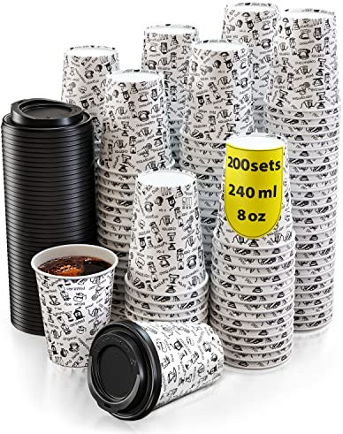 200 Gobelets Carton pour Café à Emporter - Tasse Café 240ml avec Couvercles et Agitateurs en Bois pour Servir le Café, le Thé, des Boissons Chaudes et Froides