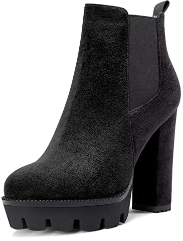 Castamere Donna Alto High Tacco Heel Chunky Blocco Piattaforma Rotonda Punta Stivaletti Slip-on Classico Stivali Nero 38 EU