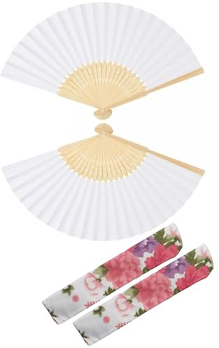 Generico Set 2 Ventagli Pieghevoli in bambù e Carta con Custodia Floreale – Elegante, Portatile, Fresco per Estate, Viaggi, Matrimoni – Accessorio Donna da Borsa, Colori Assortiti (Bianco)