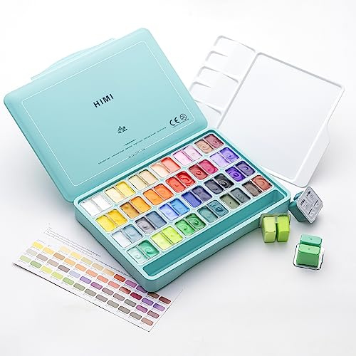 HIMI Twin Cup Jelly Gouache Paint Set, 48 Colors 12g, Jelly Cup Design, Non Toxic Paint for Canvas and Paper, Art Supplies for Professionals (Green Case)