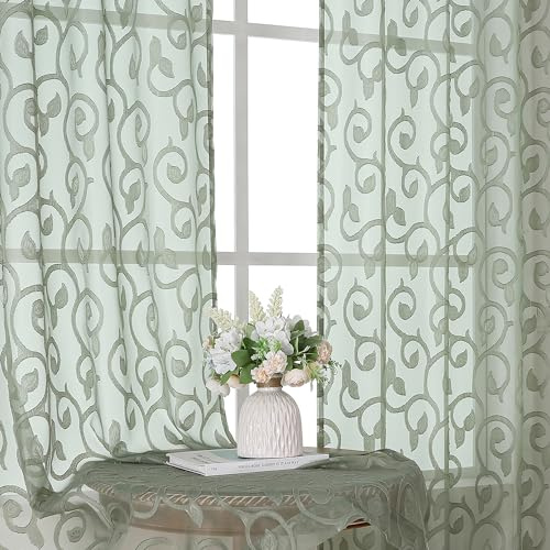 OWENIE Sage Green Sheer Curtains 63 inch Length for Bedroom Living Room 2 Panels Set, Jacquard Clip Textured Semi Sheer Curtains, Light Filtering Rod Pocket Farmhouse Window Treatments, 40Wx63L inch